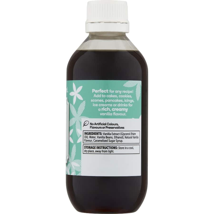 Woolworths Vanilla Extract bottle, a 200ml baking essential for rich vanilla flavor in cookies, cakes, and custards.