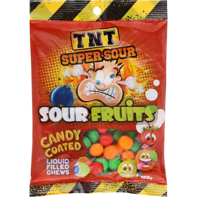 Colorful Tnt Super Sour Sweets with crunchy shells, featuring sour strawberry, orange, and green apple flavors, perfect for sharing.