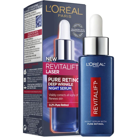 L'Oreal Paris Revitalift Laser Pure Retinol Night Serum for youthful skin, reduces wrinkles and uneven texture overnight.