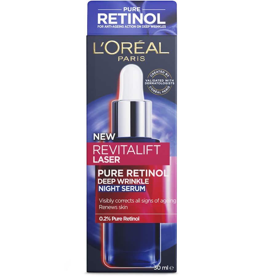 L'Oreal Paris Revitalift Laser Pure Retinol Night Serum, a potent anti-aging serum targeting deep wrinkles and uneven skin texture.