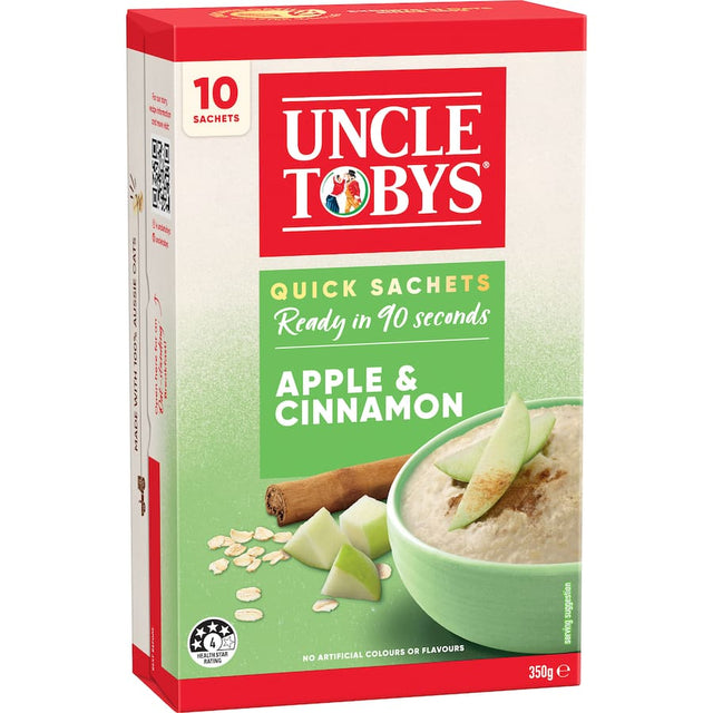 Uncle Tobys Oats Quick Apple & Cinnamon sachets for a quick, creamy, nutritious breakfast with Australian-grown oats.