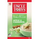 A box of Uncle Tobys Quick Oats with Apple & Cinnamon flavor, featuring 10 sachets for a quick, nutritious breakfast.