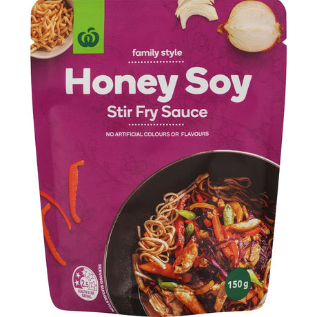 Woolworths Stir Fry Sauce Honey Soy, a flavorful blend of soy, honey, garlic, ginger, and sesame oil for quick stir-fries.