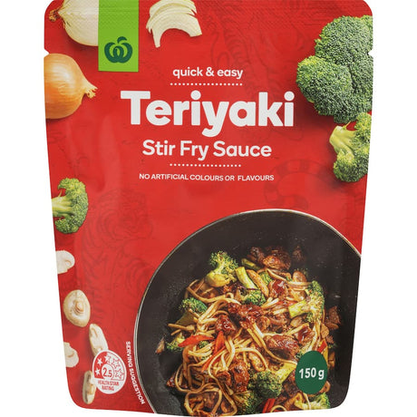 Woolworths Teriyaki Stir Fry Sauce bottle showcasing rich flavors and premium ingredients for quick, delicious meals.