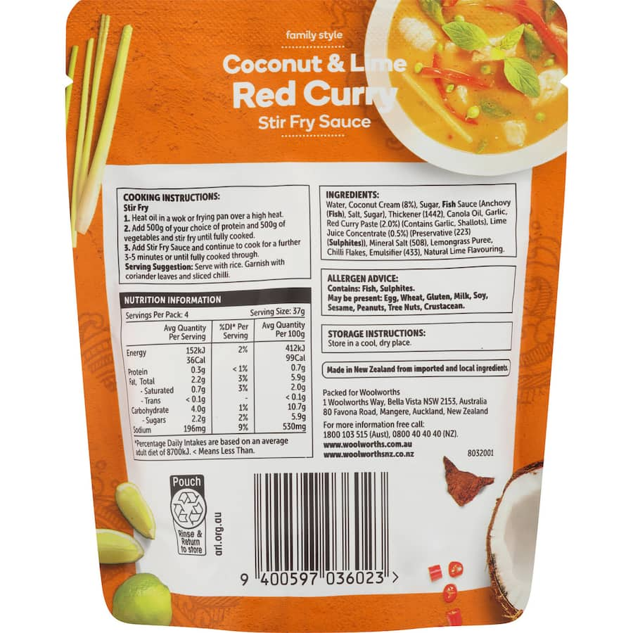 Woolworths Stir Fry Sauce Coconut & Lime Red Curry, featuring coconut cream, red curry paste, and lime for flavorful stir-fries.