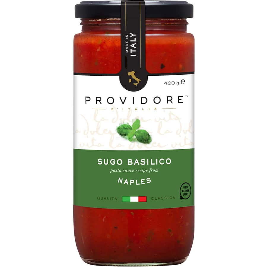 Authentic Providore Pasta Sauce Sugo Basilico made with Italian tomatoes, fresh basil, and extra virgin olive oil.