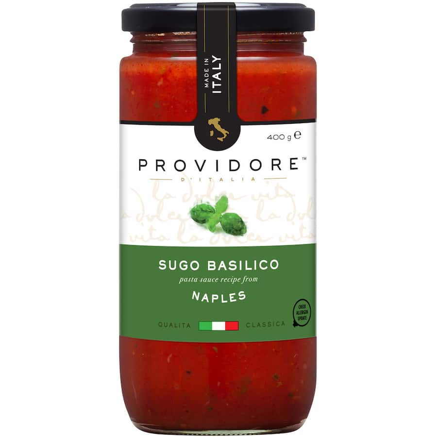 Authentic Providore Pasta Sauce Sugo Basilico, made with Italian tomatoes and fresh basil for gourmet Italian meals.