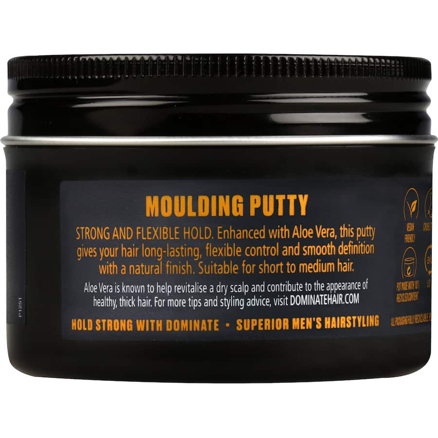 Dominate Hair Product Moulding Putty: Strong hold and aloe vera infusion for flexible styling and medium-shine finish.