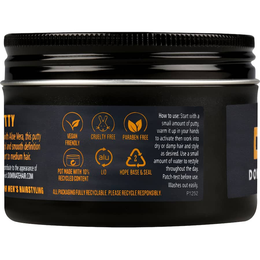 Dominate Hair Moulding Putty for strong, flexible hold; nourishes with aloe vera, suitable for short to medium hairstyles.