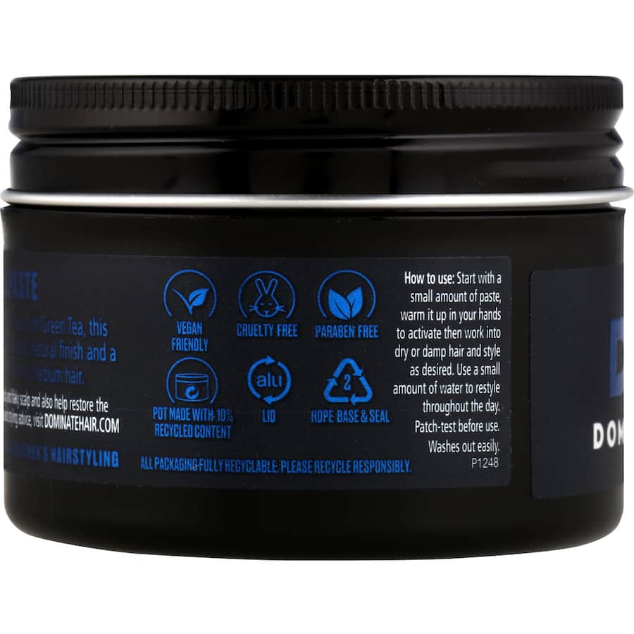 Dominate Hair Product Sculpting Paste for natural volume, infused with green tea, perfect for styling short to medium hair.