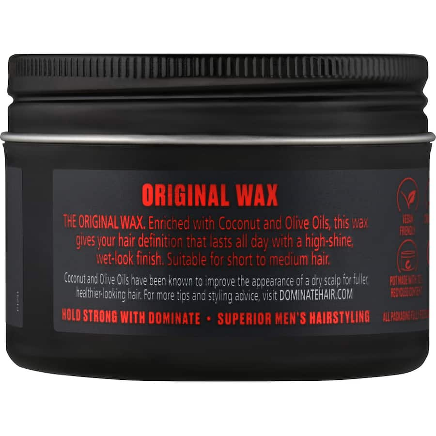 High-shine hair wax enriched with coconut and olive oils for lasting definition and effortless styling.