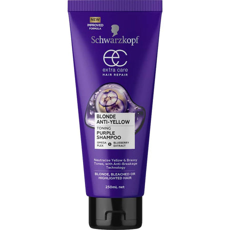 Purple shampoo bottle designed for blonde hair, featuring anti-yellow technology and nourishing blueberry extract.