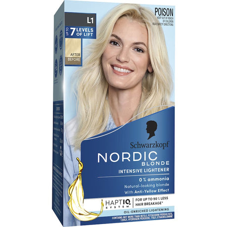 Schwarzkopf Nordic Blonde L1 Intensive Lightener offers high-performance oil-enriched lightening for vibrant blonde, minimizing hair breakage.