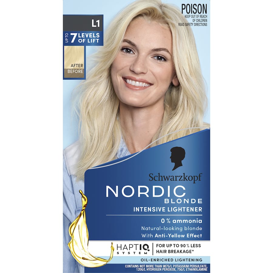 Nordic Blonde Hair Colour L1: oil-enriched lightener for stunning blonde, offering 7 levels of lift and reduced hair breakage.