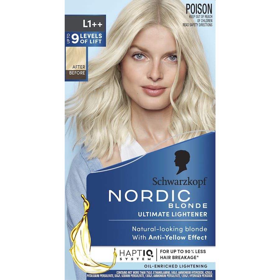 Nordic Blonde Hair Colour L1++ lightener transforms hair to a bright, icy blonde while nourishing for soft, healthy locks.