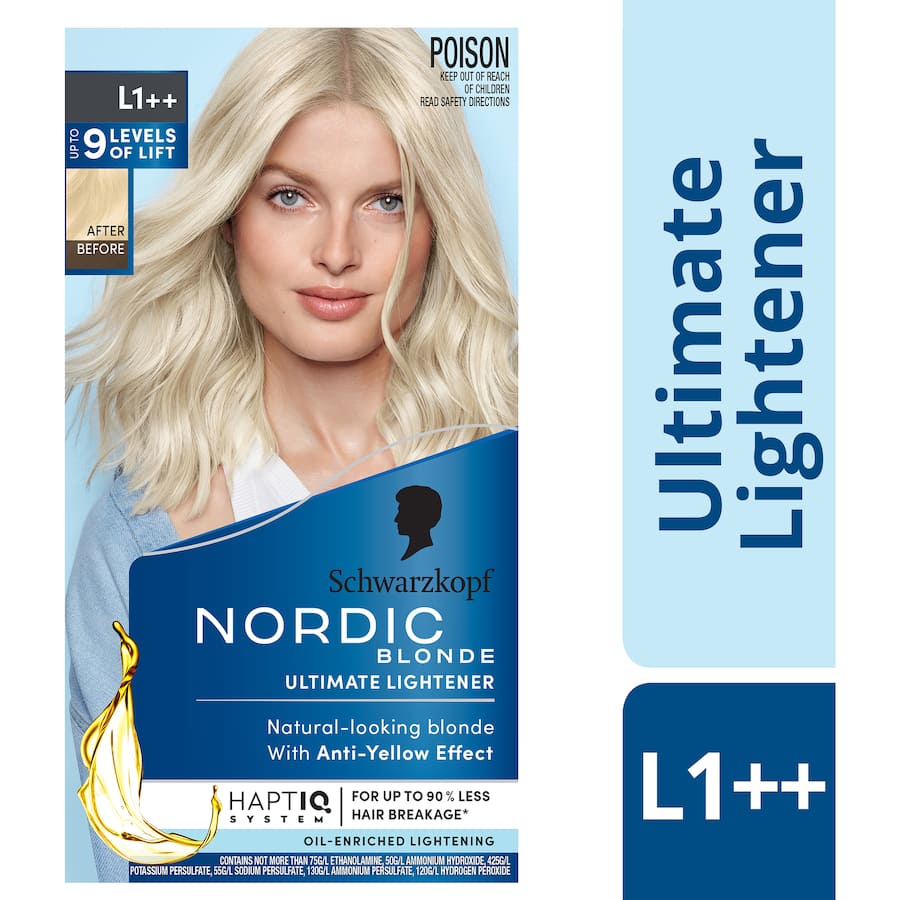 Nordic Blonde Hair Colour L1++ lightener for a vibrant icy blonde, nourishes hair while minimizing damage, perfect for all styles.