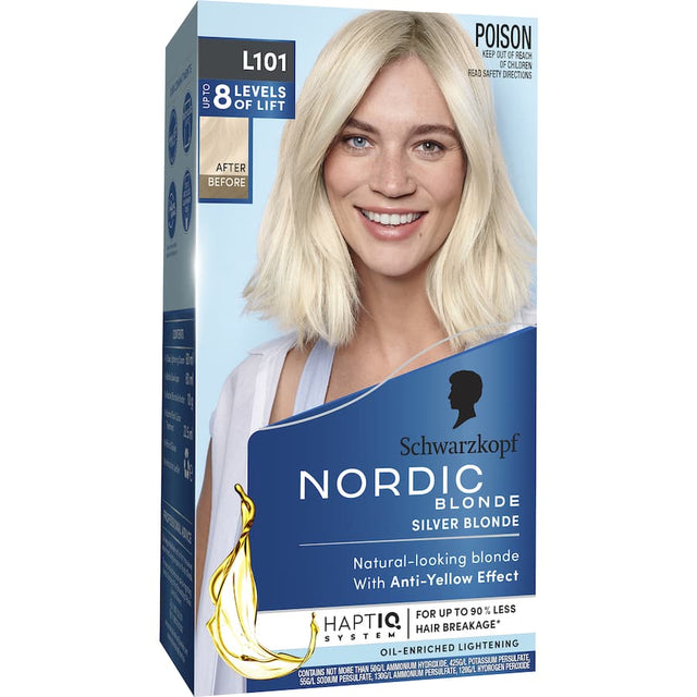 Nordic Blonde L101 hair dye, vibrant silver blonde color with nourishing, ammonia-free formula for stunning results.