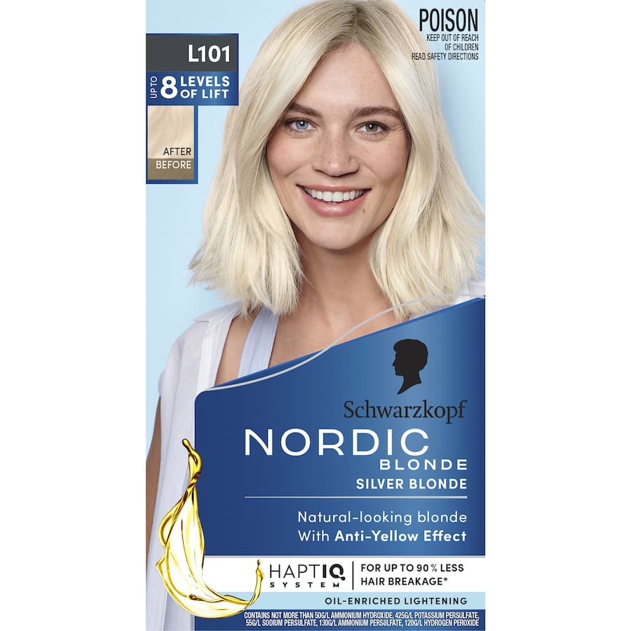 Nordic Blonde L101 Silver Blonde hair dye, achieving vibrant silver hues with an ammonia-free, nourishing formula.