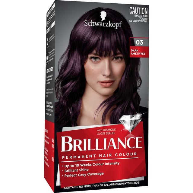 Schwarzkopf Brilliance Hair Colour 03 in Dark Amethyst offers vibrant color, grey coverage, and a gloss enhancing formula.