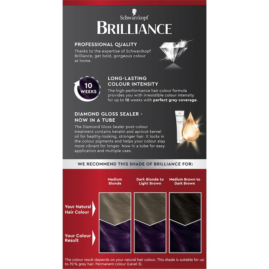 Schwarzkopf Brilliance Hair Colour 03 Dark Amethyst tube, delivering vibrant deep purple with brilliant shine and perfect grey coverage.