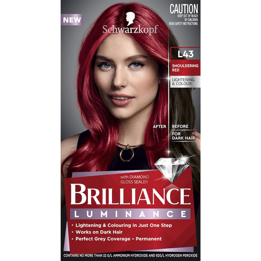 Schwarzkopf Brilliance L43 Smouldering Red hair dye in a tube, offering vibrant color, shine, and grey coverage for up to 10 weeks.