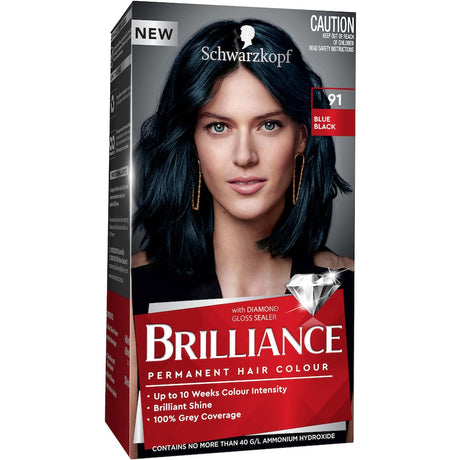 Schwarzkopf Brilliance Hair Colour 91 Blue Black in tube packaging, featuring long-lasting vibrant color and Diamond Gloss Sealer treatment.