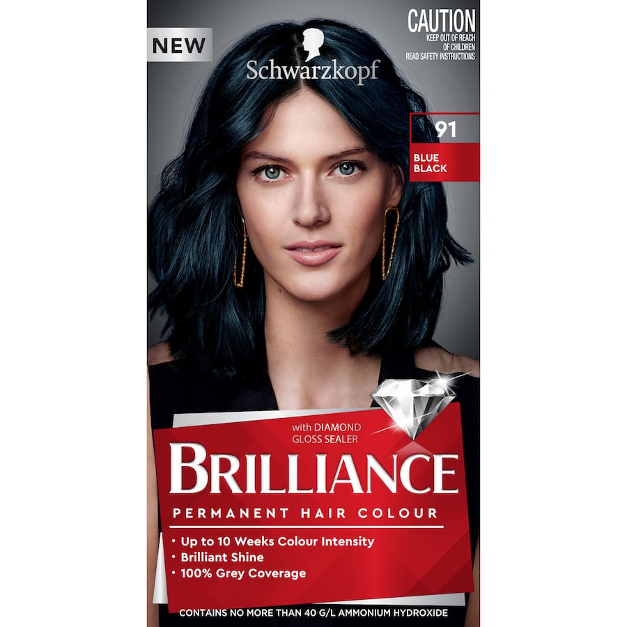 Schwarzkopf Brilliance Hair Colour 91 Blue Black: vibrant, long-lasting blue-black dye with shine and grey coverage in easy-to-use tube.