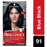 Schwarzkopf Brilliance Hair Colour 91 Blue Black in tube, vibrant shade, long-lasting, grey coverage, with Diamond Gloss Sealer.