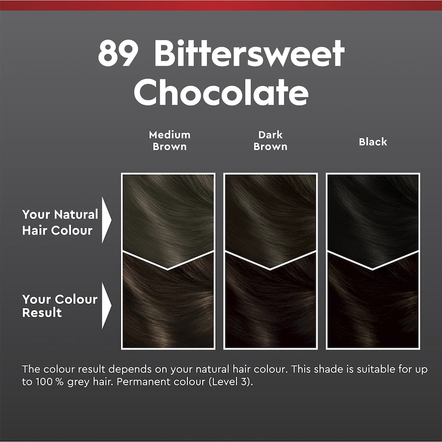 Schwarzkopf Brilliance Hair Colour 89 in Bitter Sweet Chocolate, offering vibrant color, shine, and grey coverage for up to 10 weeks.