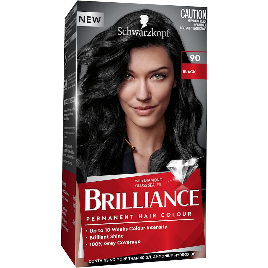 Schwarzkopf Brilliance Hair Colour 90 Black tube, featuring vibrant deep black color, perfect grey coverage, and Diamond Gloss Sealer.