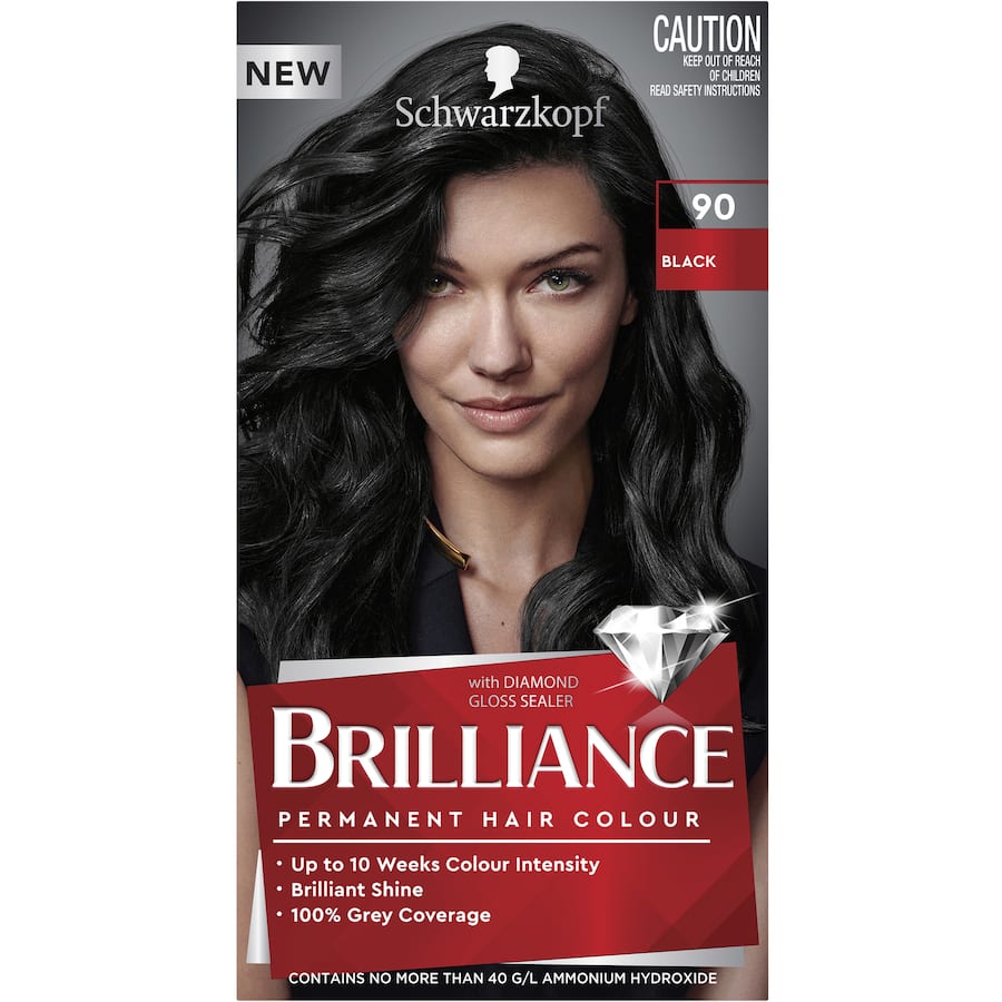 Schwarzkopf Brilliance Hair Colour 90 Black, a permanent dye offering deep black color, perfect grey coverage, and vibrant shine.