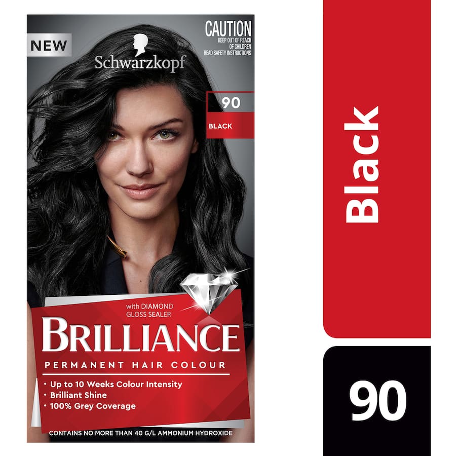 Schwarzkopf Brilliance Hair Colour 90 Black tube, delivering vibrant deep black color with shine and perfect grey coverage.