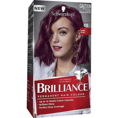 Schwarzkopf Brilliance Hair Colour 05 Dark Ruby tube showcasing vibrant ruby hue, perfect grey coverage, and nourishing shine.