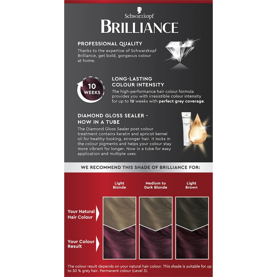 Schwarzkopf Brilliance Hair Colour 05 Dark Ruby tube, vibrant ruby shade, up to 10 weeks of brilliant shine and grey coverage.