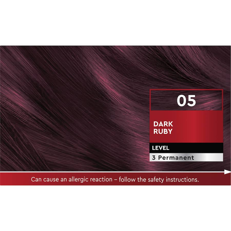 Schwarzkopf Brilliance Hair Colour 05 Dark Ruby tube, offering vibrant ruby shade with shine, grey coverage, and nourishing oils.