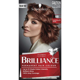 Schwarzkopf Brilliance 68 Chocolate Rush hair color tube with rich, warm chocolate shade, promoting shine and grey coverage.