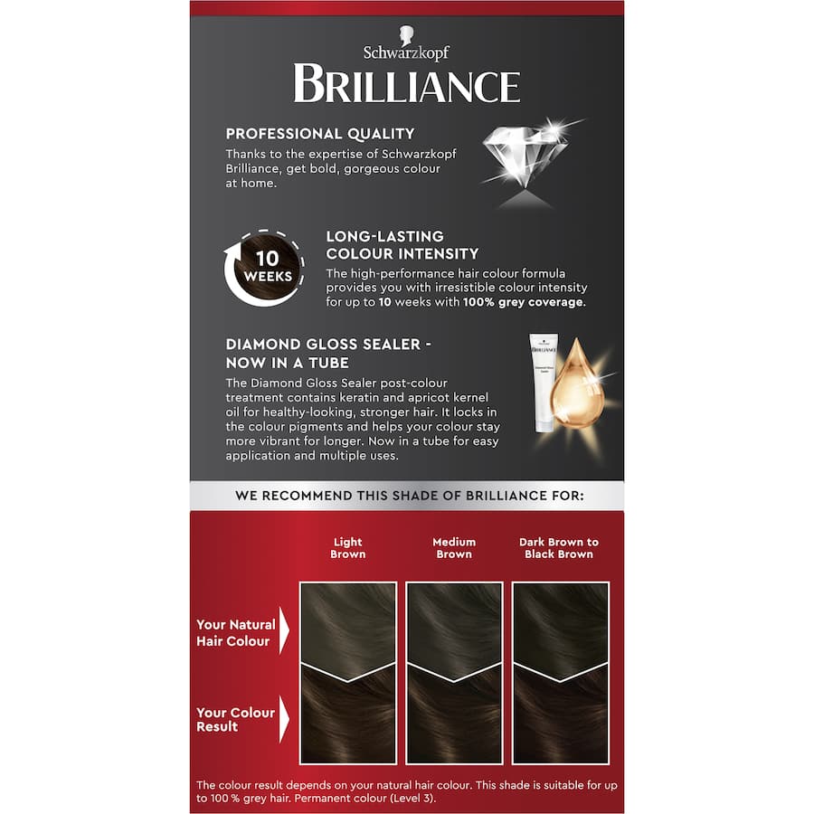 Schwarzkopf Brilliance Hair Colour 46 Coffee Brown in tube, delivers permanent rich color, grey coverage, and diamond gloss shine.