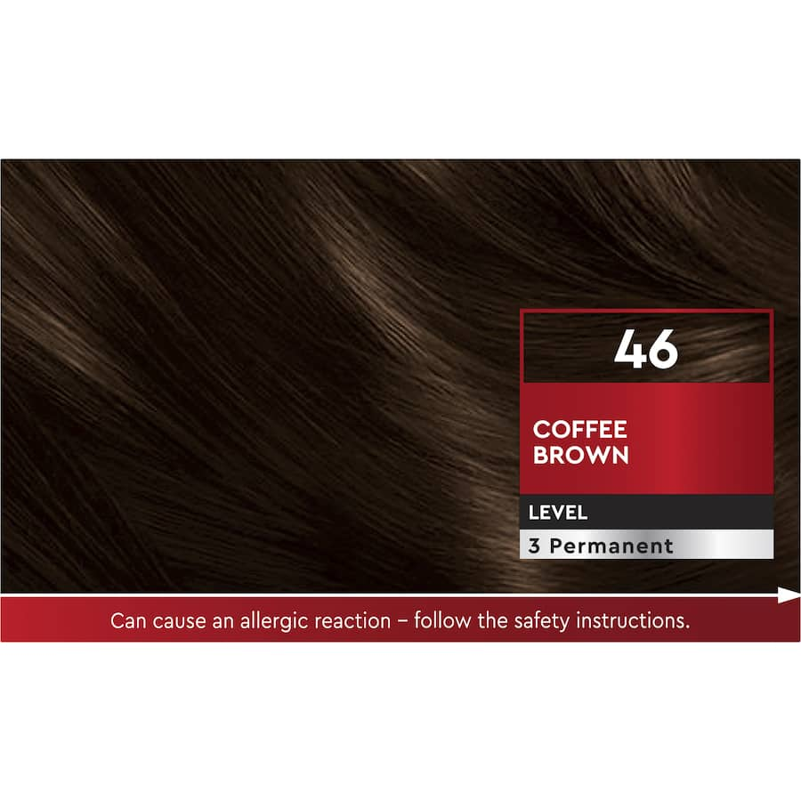 Schwarzkopf Brilliance Hair Colour 46 Coffee Brown tube, offering rich brown hue with shine, grey coverage, and nourishing treatment.