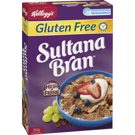 Kellogg's Sultana Bran Gluten Free with crispy flakes and sultanas, high in fiber, perfect for a healthy breakfast.