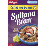 Kellogg's Sultana Bran Gluten Free cereal, packed with sultanas and bran, high in fiber, perfect for a nutritious breakfast.