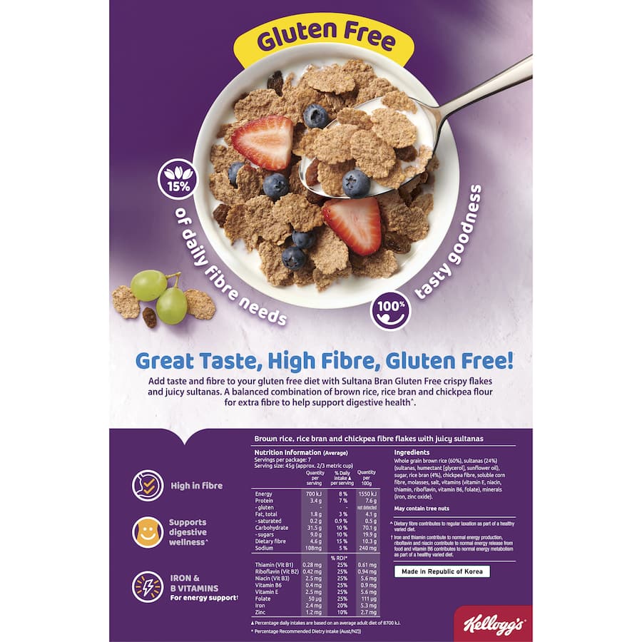 Kellogg's Sultana Bran Gluten Free: Crunchy bran flakes and sultanas, high in fiber, ideal for a nutritious gluten-free breakfast.