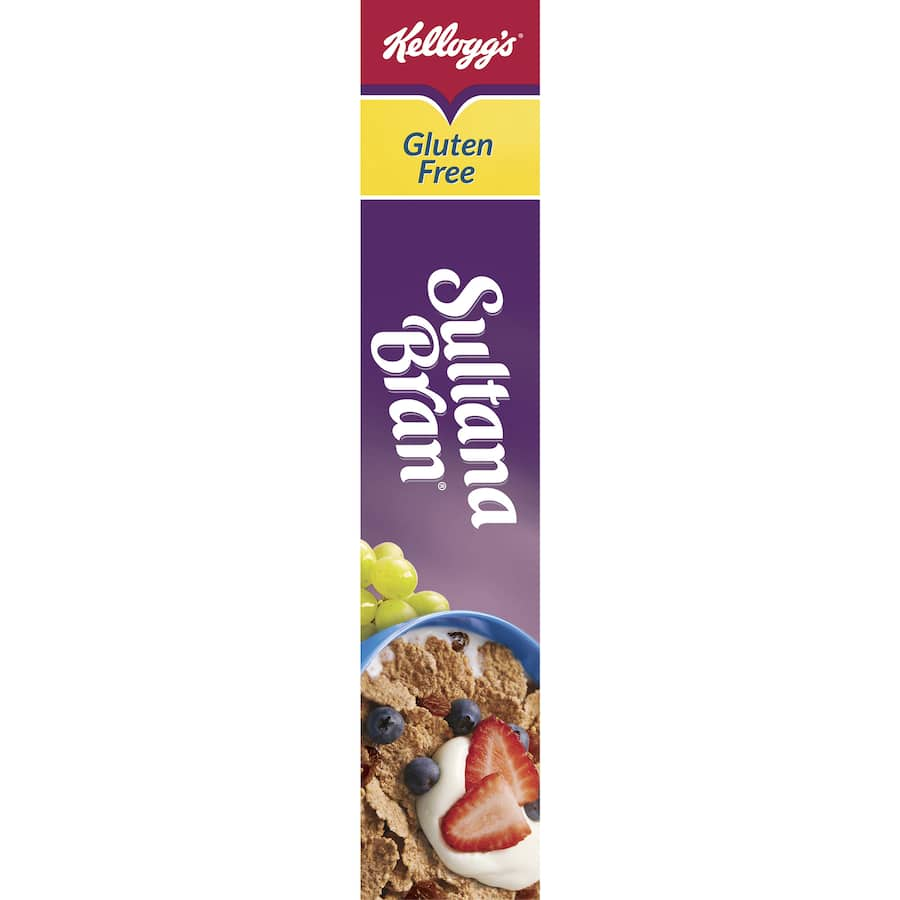 Bowl of Kellogg's Sultana Bran Gluten Free cereal with juicy sultanas and crispy bran flakes, high in fiber and vitamins.