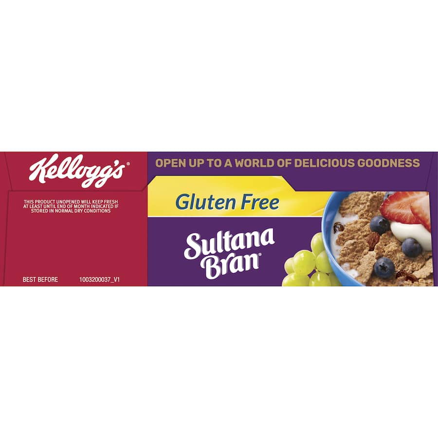 Kellogg's Sultana Bran Gluten Free cereal with sultanas and crispy flakes, high in fiber and fortified with essential nutrients.