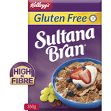 Kellogg's Sultana Bran Gluten Free cereal with sultanas and bran flakes, high in fiber and fortified with vitamins.