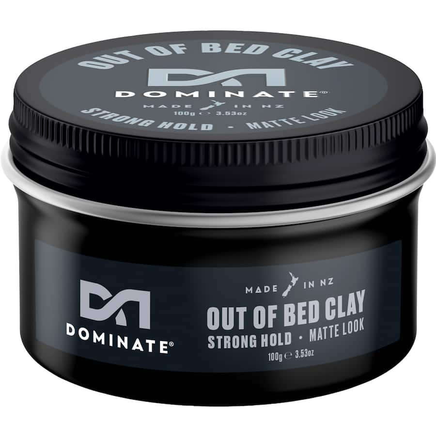 Dominate Out Of Bed Clay for textured, strong hold hairstyles; vegan, cruelty-free, and eco-friendly packaging.