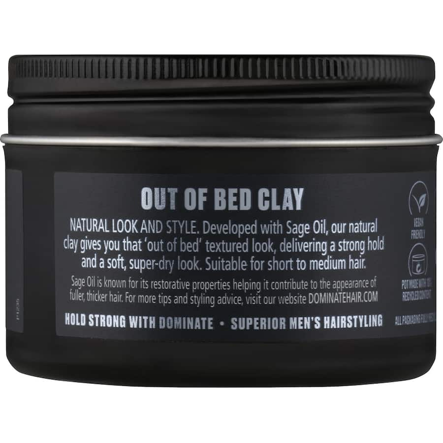 Image of Dominate Hair Product Out Of Bed Clay showcasing its natural, matte styling effect for a casual, tousled hairstyle.