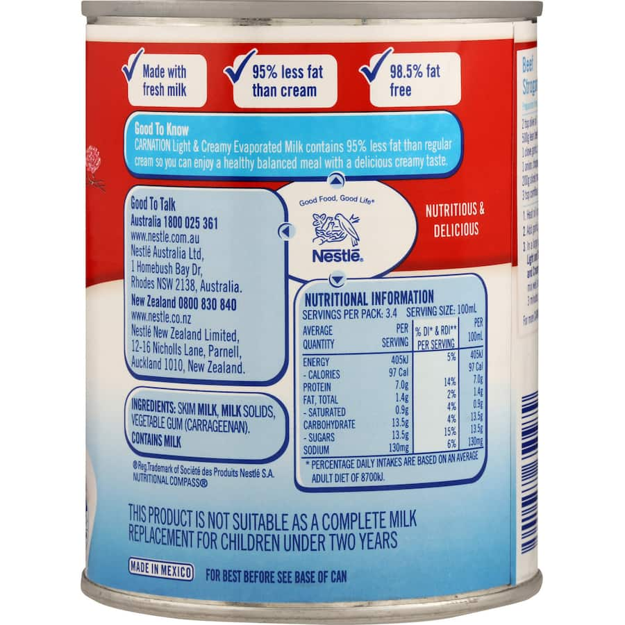 Carnation Evaporated Milk Light & Creamy, low-fat option for a rich, creamy taste in dishes like beef stroganoff and desserts.