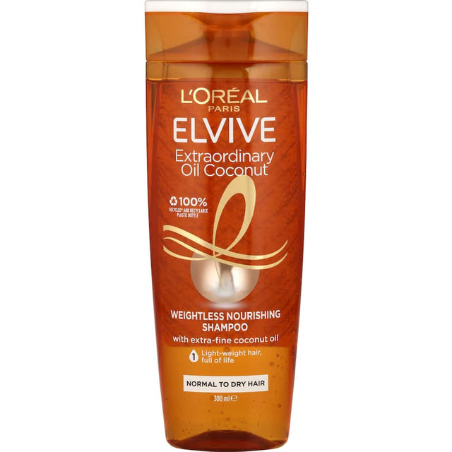 L'Oreal Elvive Shampoo with Coconut Oil rejuvenates dry hair, leaving it soft, shiny, and fragrant. Perfect for daily use.