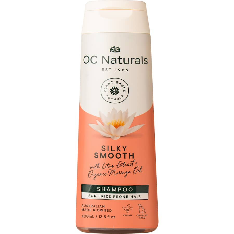 Bottle of Organic Care Naturals Shampoo Silky Smooth, featuring organic ingredients for frizz-free, radiant hair care.