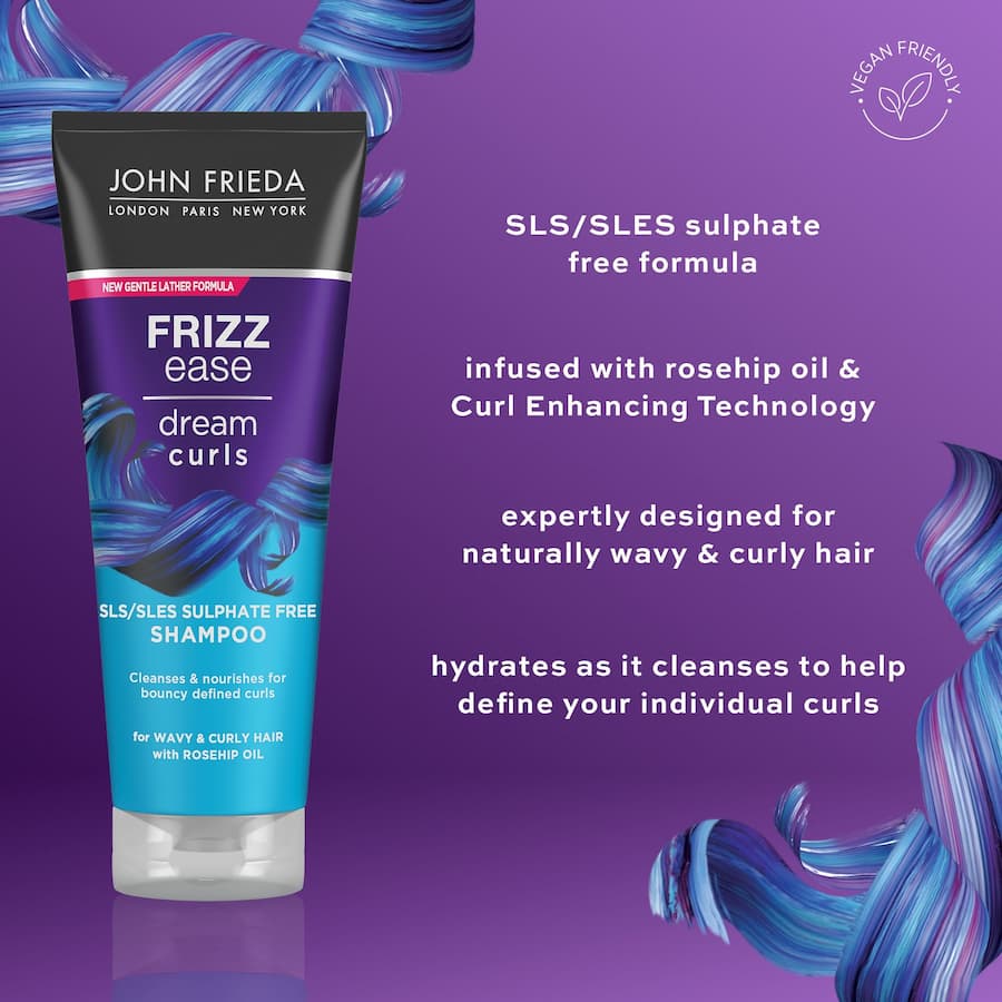 John Frieda Frizz Ease Shampoo Dream Curls, designed for nourishing and defining curly hair while combating frizz.